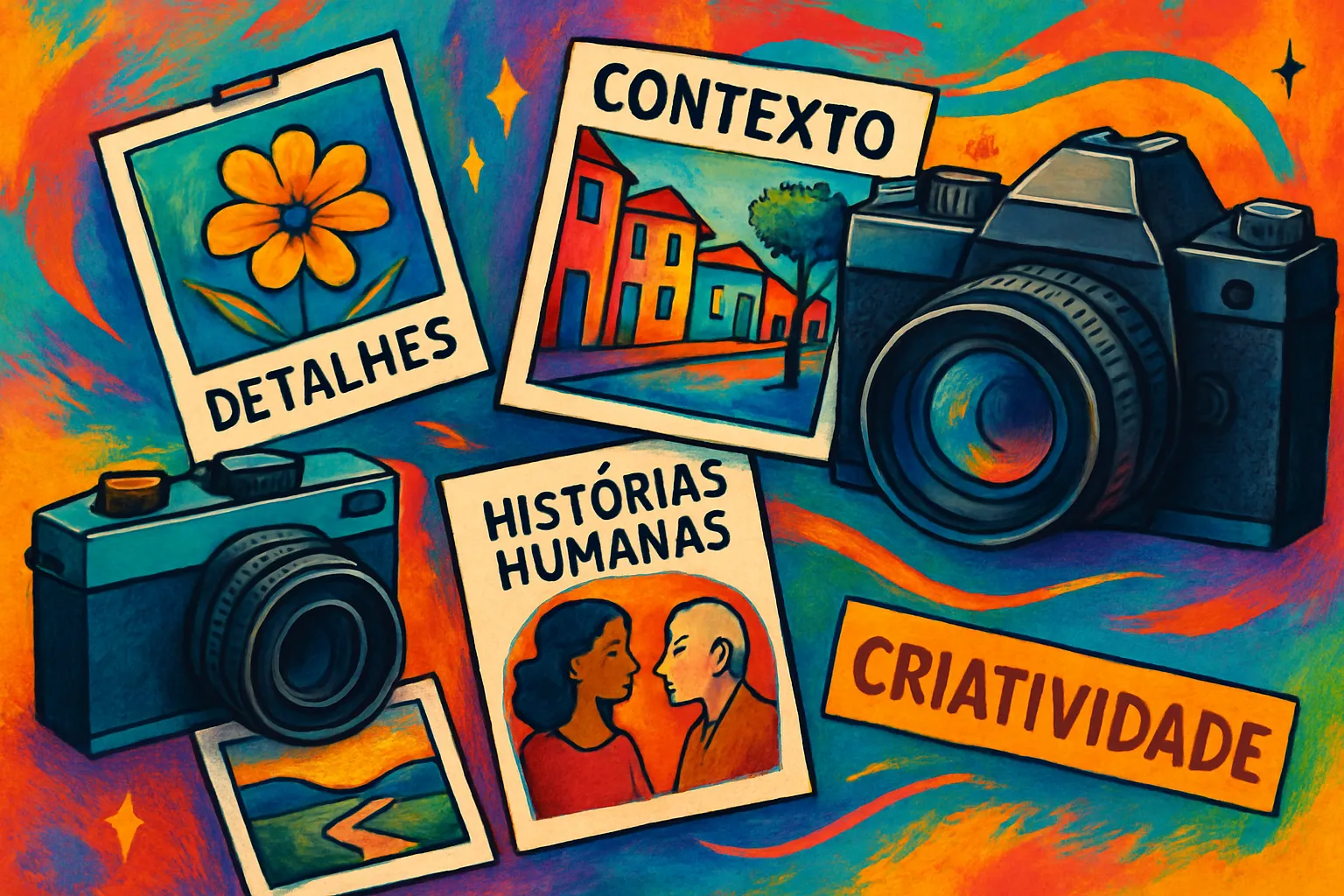 Uma ilustração artística mostrando elementos diversos sobre como criar um projeto fotográfico autoral.