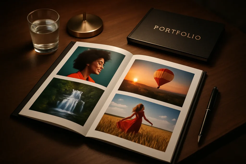 Um portfólio de fotografia como arte em uma mesa, ilustrando como preparar um portfólio de fotografia como arte de forma profissional.