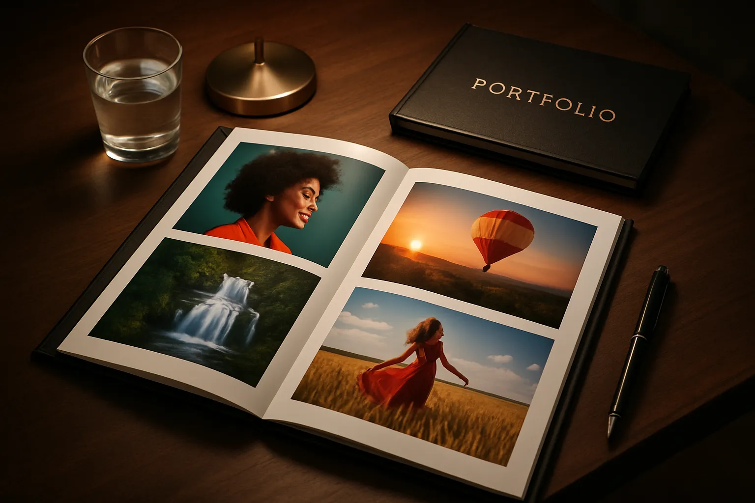 Um portfólio de fotografia como arte em uma mesa, ilustrando como preparar um portfólio de fotografia como arte de forma profissional.