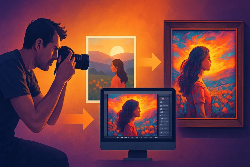 Composição visual sobre fotografia como arte, mostrando a transformação de imagens em projetos artísticos.