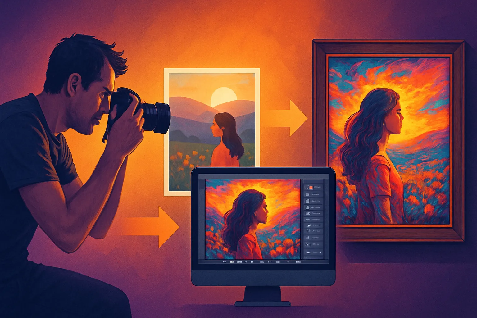 Composição visual sobre fotografia como arte, mostrando a transformação de imagens em projetos artísticos.