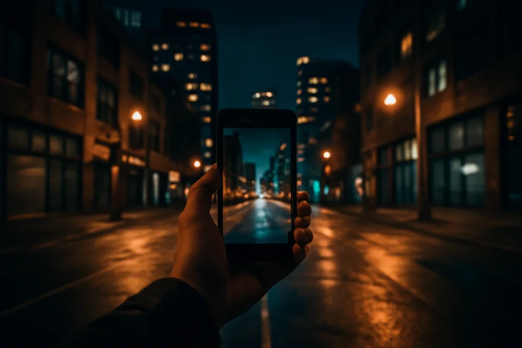 Cena de rua urbana à noite com iluminação artificial, mão segurando smartphone inspirado em ideias criativas de fotografia