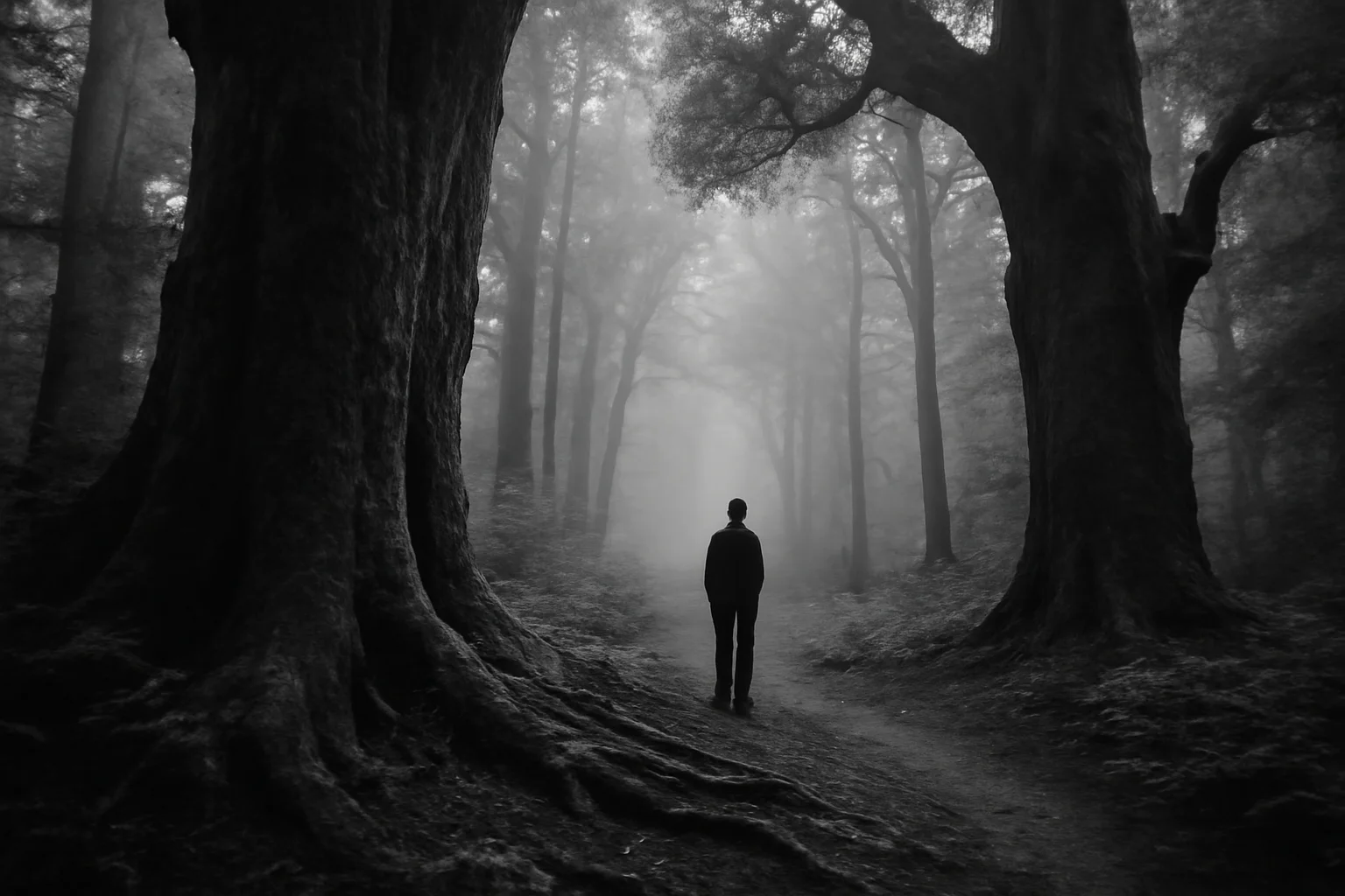 Imagem de uma floresta em preto e branco com silhueta humana, demonstrando conexão e restauração ecológica, ideal para quem busca como Sebastião Salgado fotógrafo.
