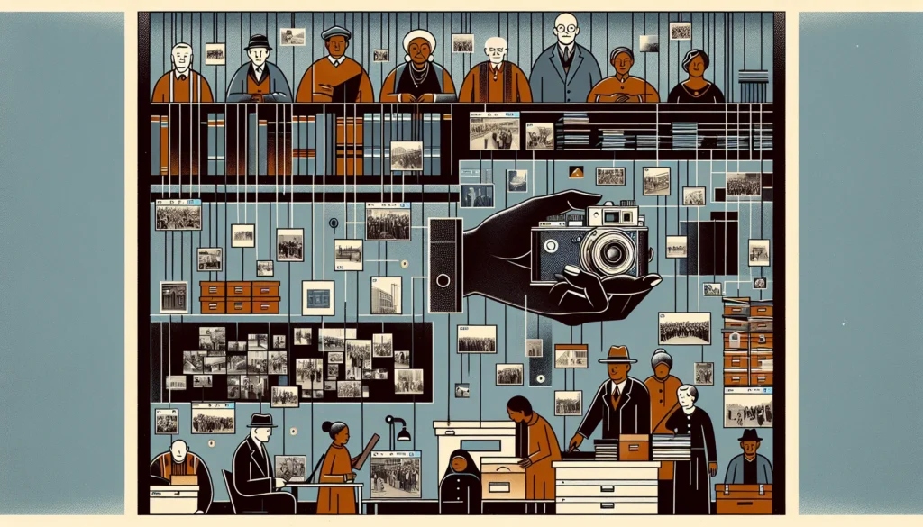 Ilustração de impacto fotografia documental mostrando uma paisagem urbana de memórias coletivas com câmeras e arquivos.