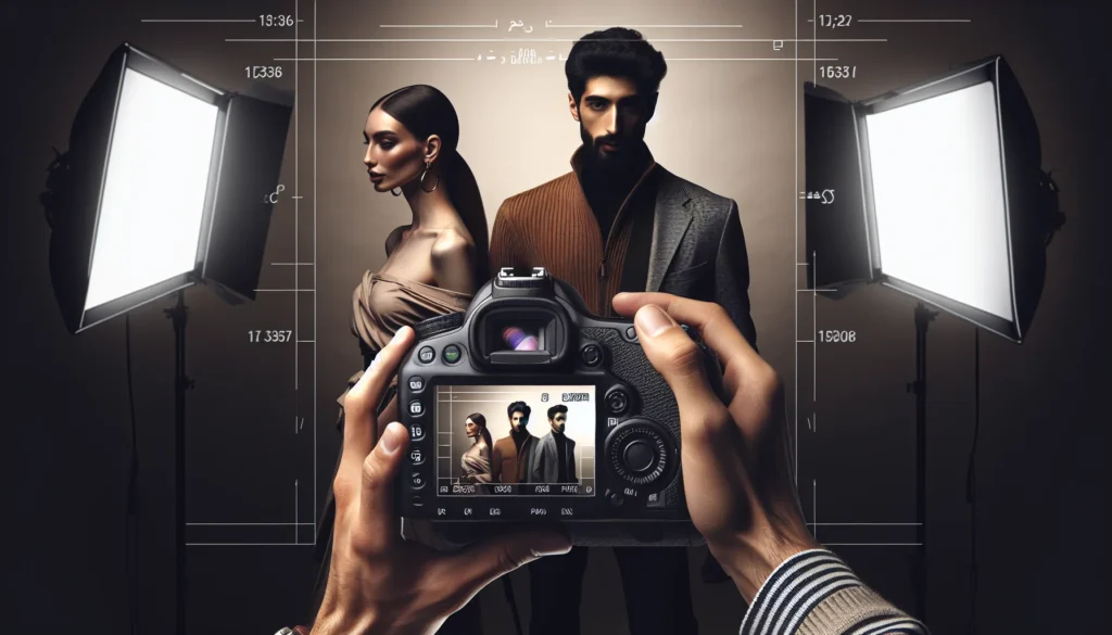 Cena de estúdio com iluminação controlada, fotógrafo ajustando câmera, modelos com moda, focando em dicas essenciais iniciantes fotografia