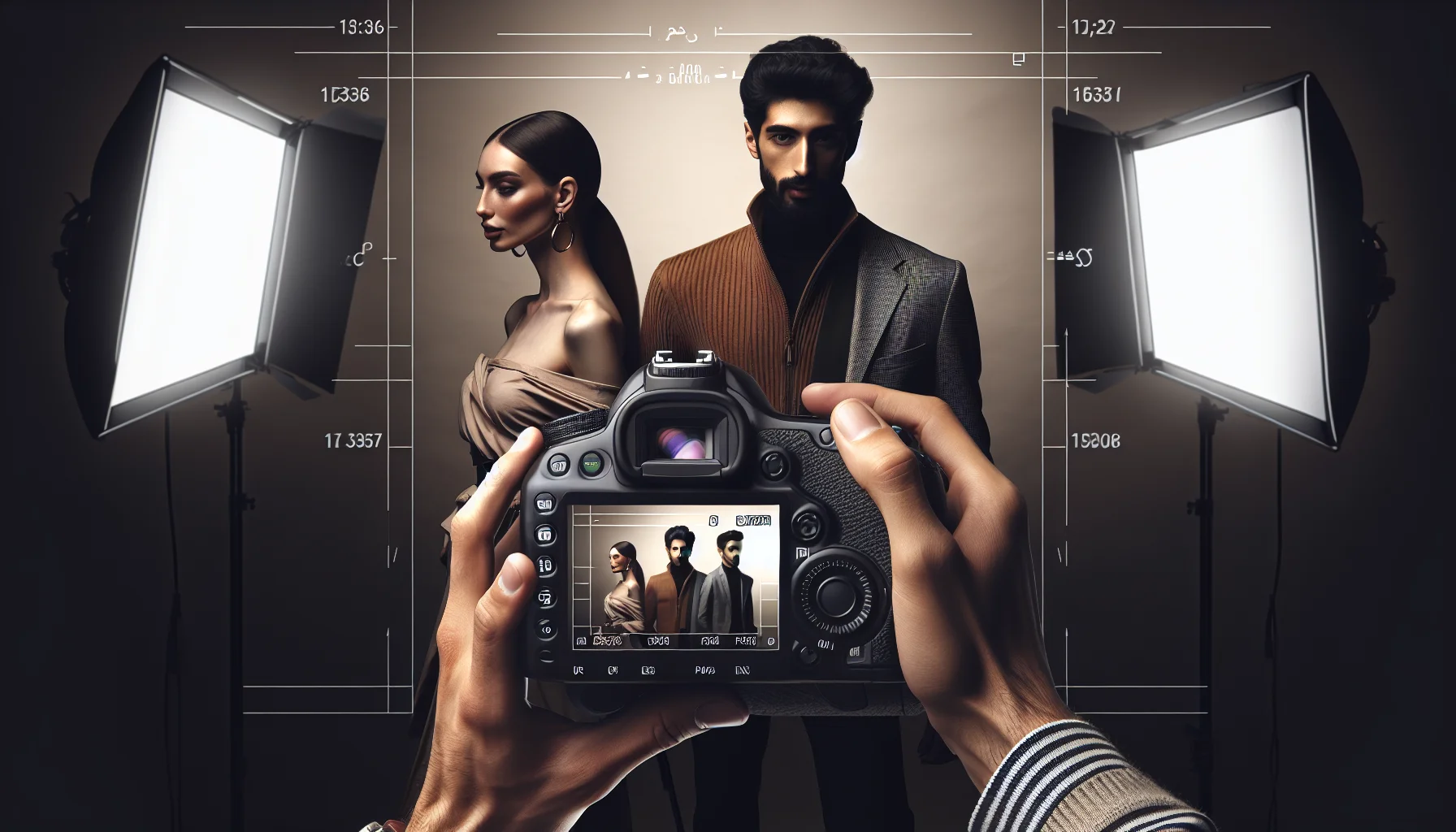 Cena de estúdio com iluminação controlada, fotógrafo ajustando câmera, modelos com moda, focando em dicas essenciais iniciantes fotografia