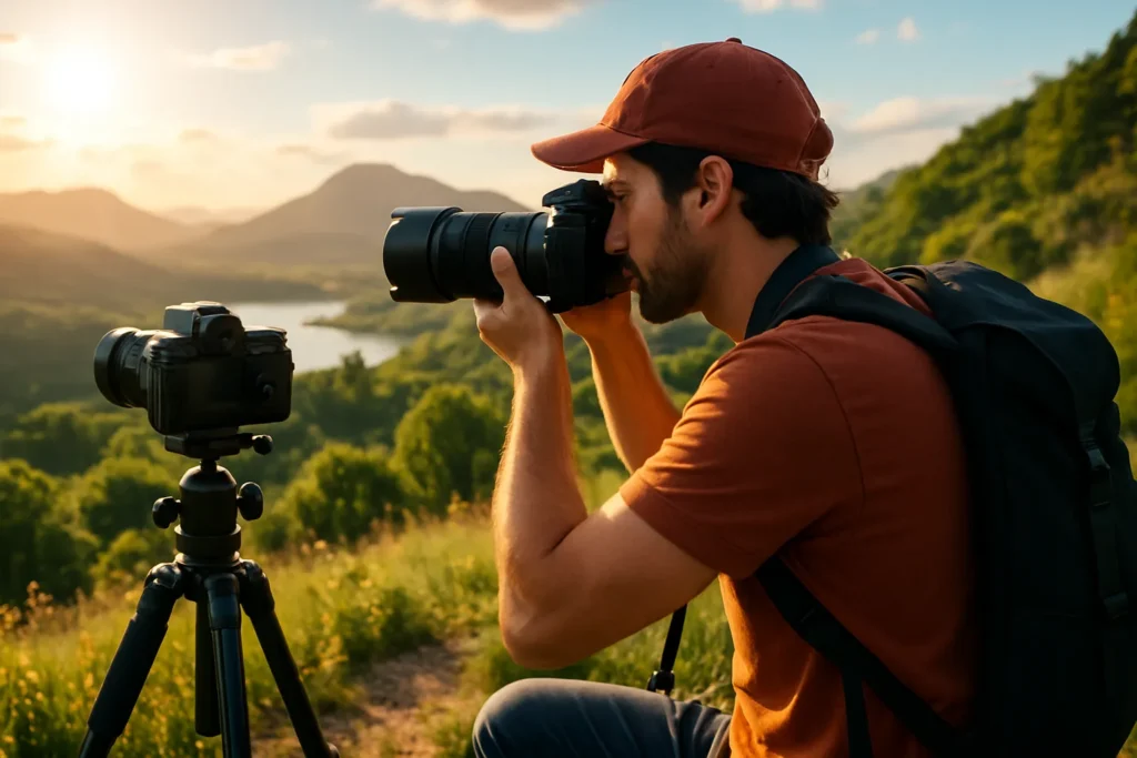 Fotógrafo em ação representando a criação de um plano de negócio na fotografia