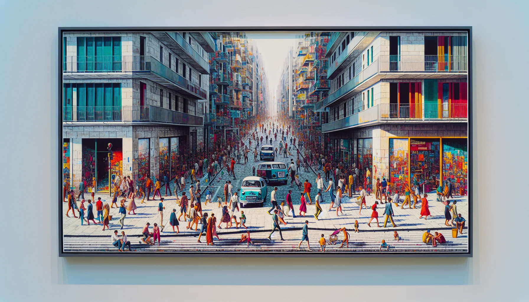 Cena urbana movimentada com elementos que remetem ao legado artístico Garry Winogrand, retratando a vida cotidiana com estilo espontâneo e vibrante