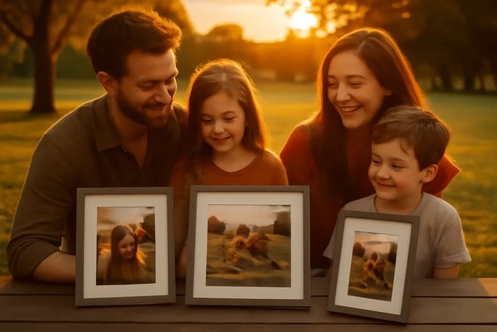 Família reunida em parque ao pôr do sol com fotos de fine art emolduradas na mesa de piquenique