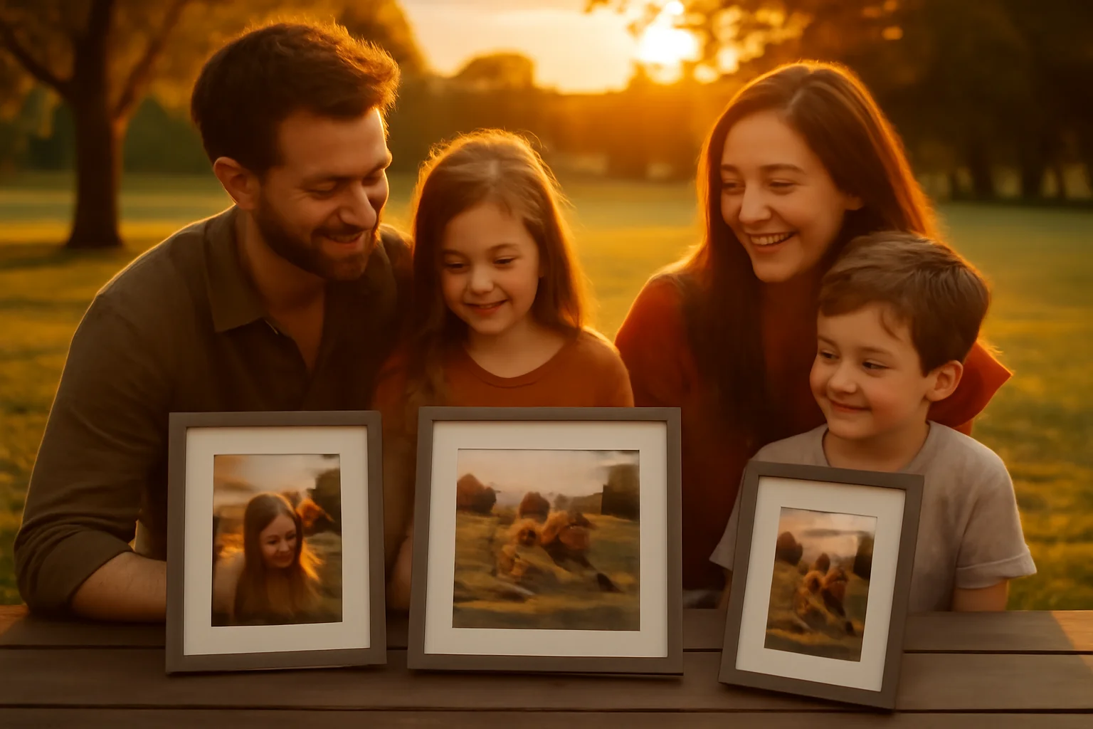 Família reunida em parque ao pôr do sol com fotos de fine art emolduradas na mesa de piquenique