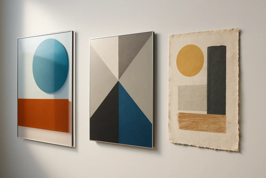 Instalação de arte com impressões em metacrilato, metal HD e papel artesanal, destacando impressão fine art