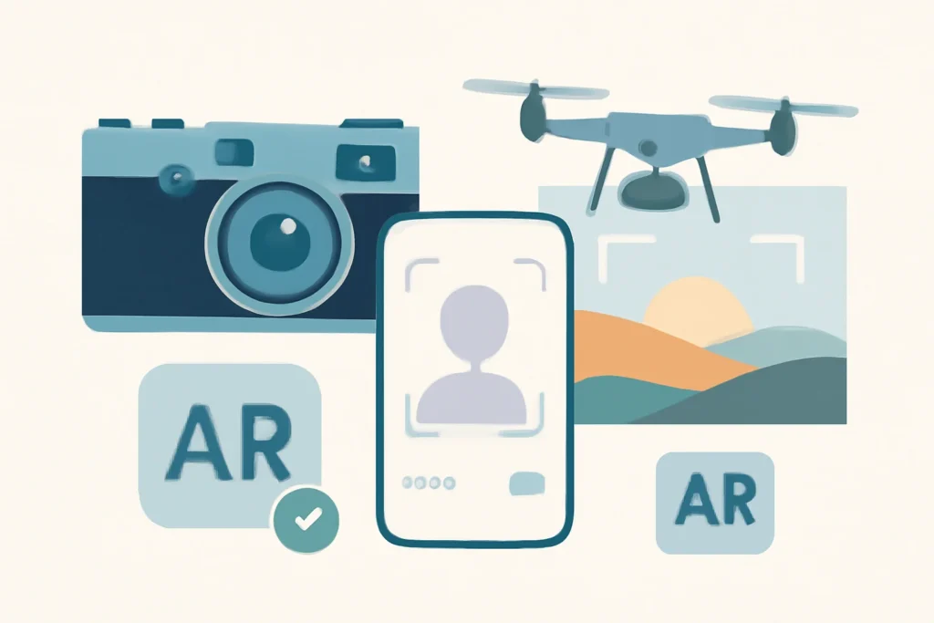 Imagem que ilustra tendências atuais fotografia contemporânea com câmera, smartphone, drone e elementos AR