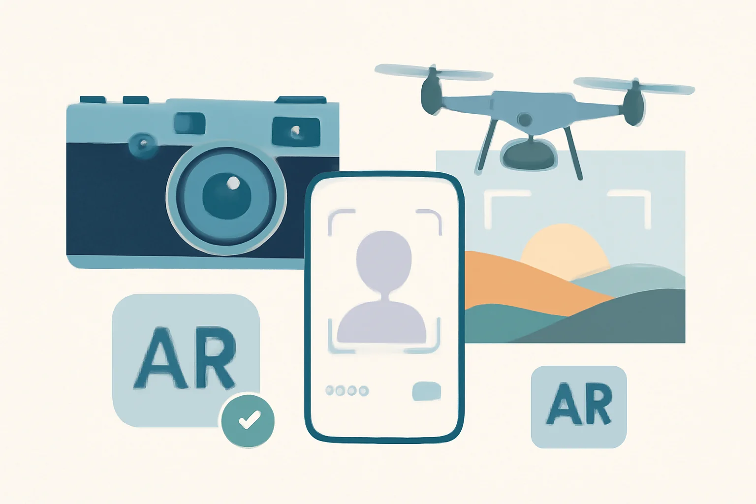 Imagem que ilustra tendências atuais fotografia contemporânea com câmera, smartphone, drone e elementos AR