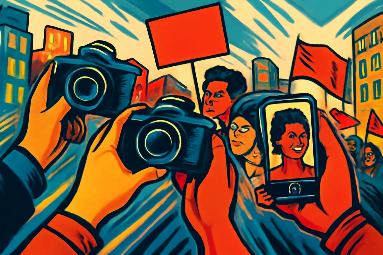 Ilustração estilizada de mãos segurando câmeras e celulares na cidade, simbolizando a relação entre fotografia contemporânea e questões sociopolíticas.