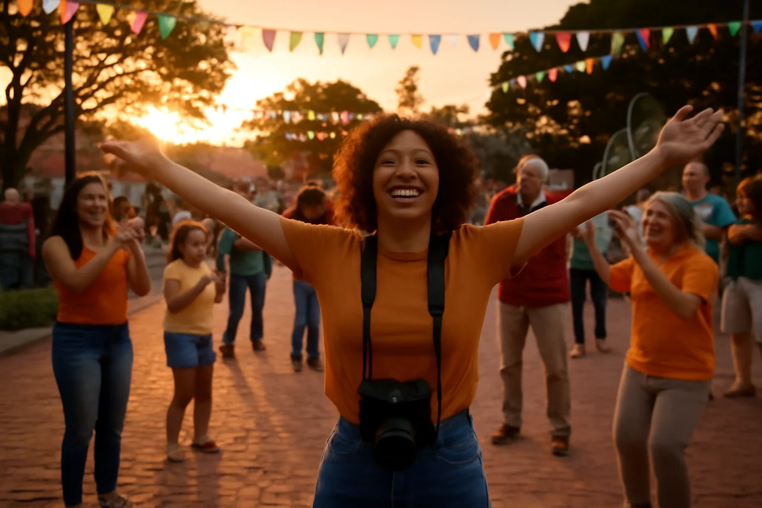 Fotógrafa de braços abertos em praça ao pôr do sol, celebrando a importância fotografia contemporânea preservação na comunidade