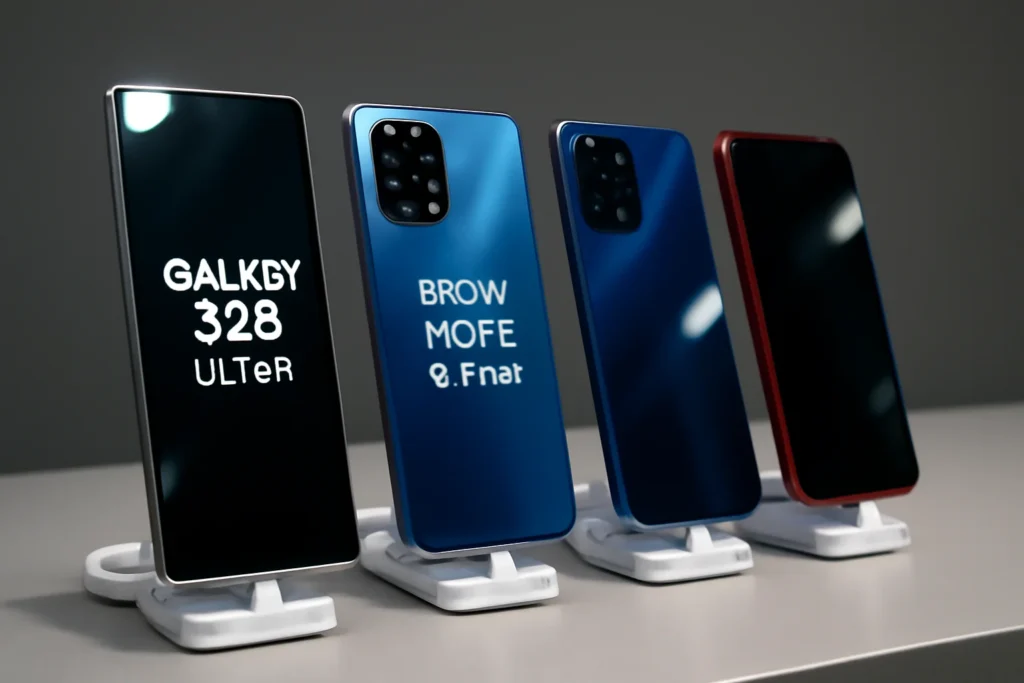 Imagem de smartphones em uma bancada de exibição, destacando Galaxy S26 Ultra e Redmi Note 15 Pro+ com detalhes e cores realistas
