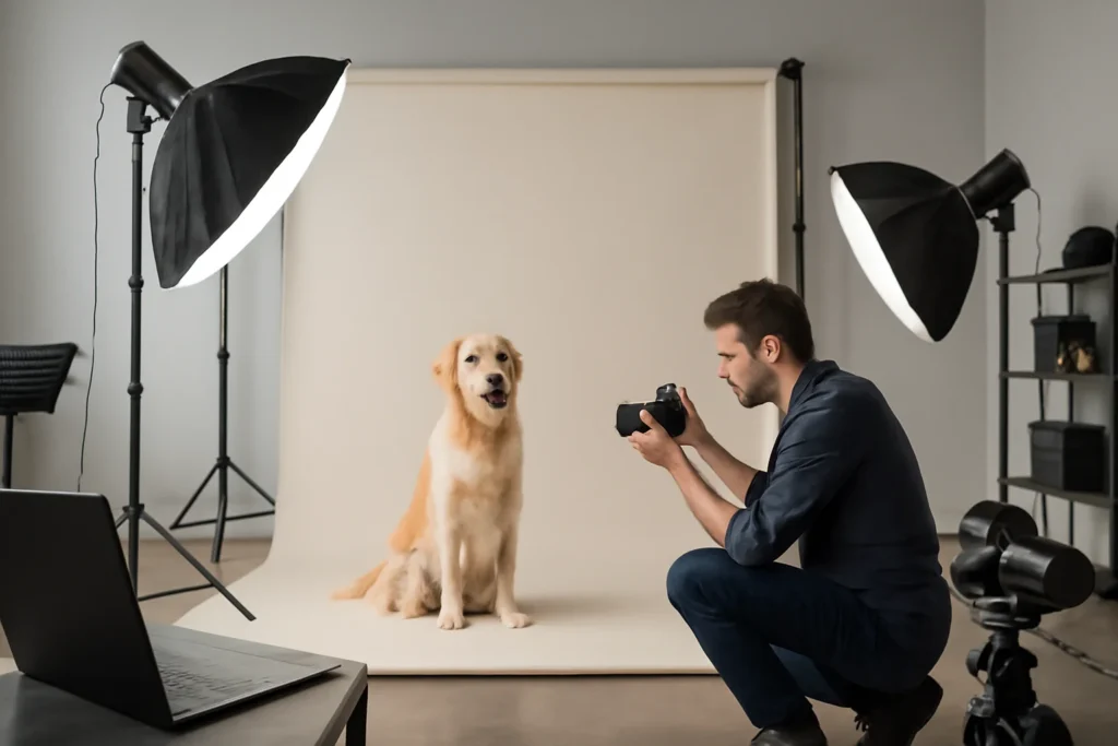 Imagem realista de um estúdio de fotografia com fotógrafo ajustando a câmera, ambiente iluminado e foco na profissionalidade em formas ganhar dinheiro fotografia