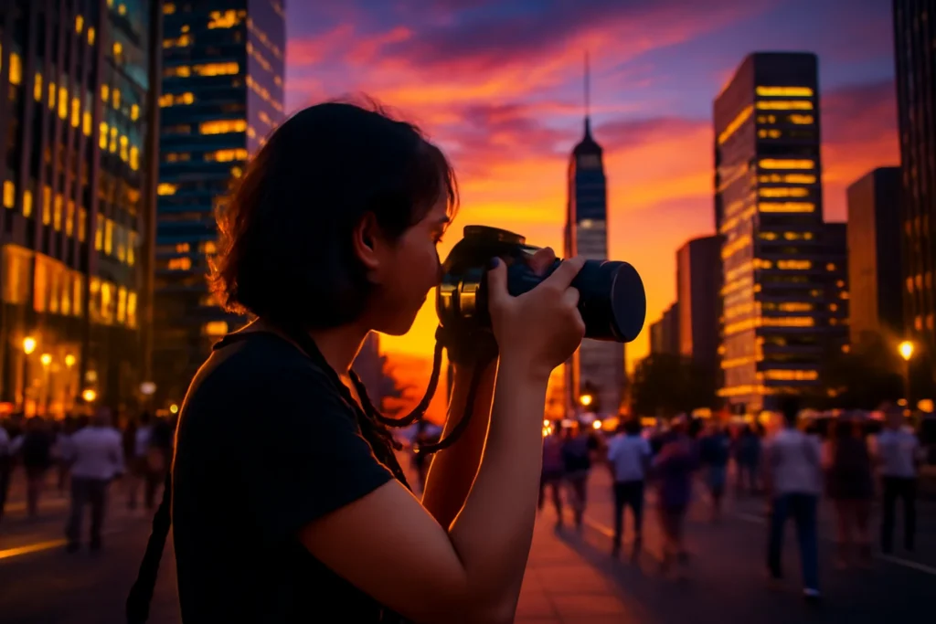 Fotógrafa segurando câmera reflex registrando uma vibrante paisagem urbana ao entardecer, destacando as melhores plataformas vender fotos