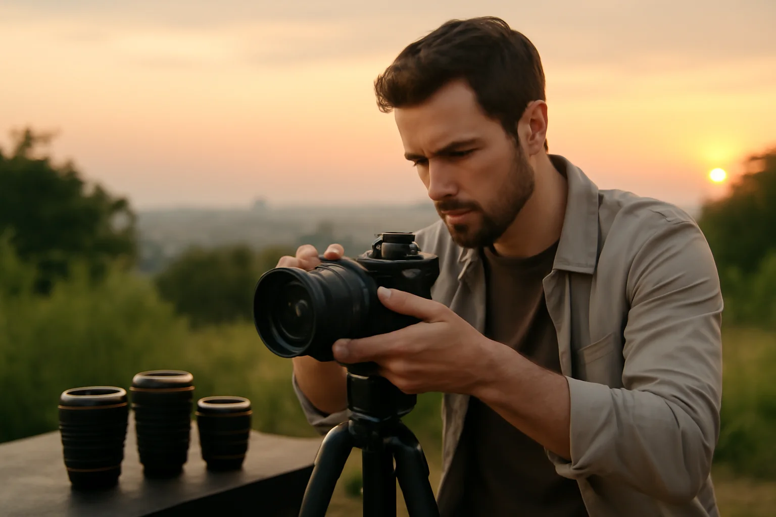 Fotógrafo ajustando câmera mirrorless em ambiente externo ao amanhecer, destacando como investir equipamentos fotográficos eficiente