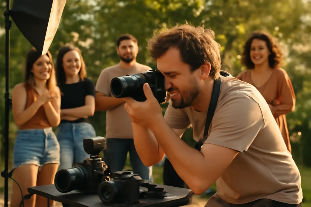 Fotógrafo capturando cena ao ar livre com público interessado, luz natural, elementos de movimento, equipamentos e cores quentes, promovendo estratégias marketing digital fotógrafos