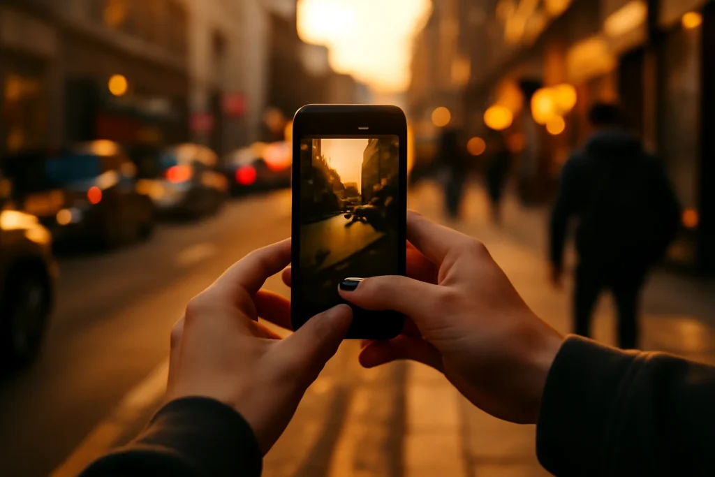 Pessoa ajustando foco no smartphone em rua movimentada ao pôr do sol, com luz quente e detalhes urbanos, mostrando como tirar fotos melhores