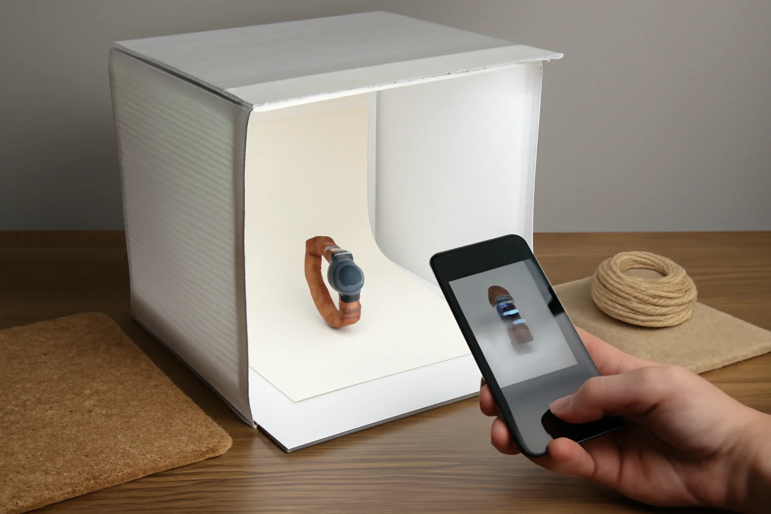 Setup de fotografia de produtos com lightbox caseira, smartphone e iluminação uniforme para tirar fotos de produtos