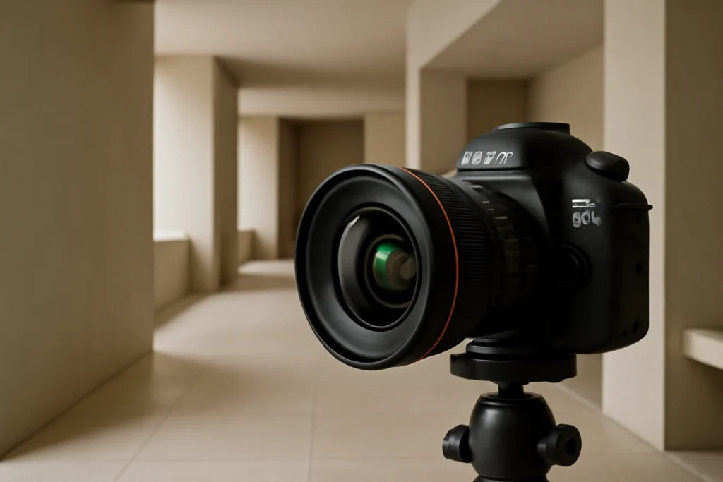 Imagem de uma câmera Canon com lente grande angular em um espaço interno, destacando detalhes da lente e sua versatilidade