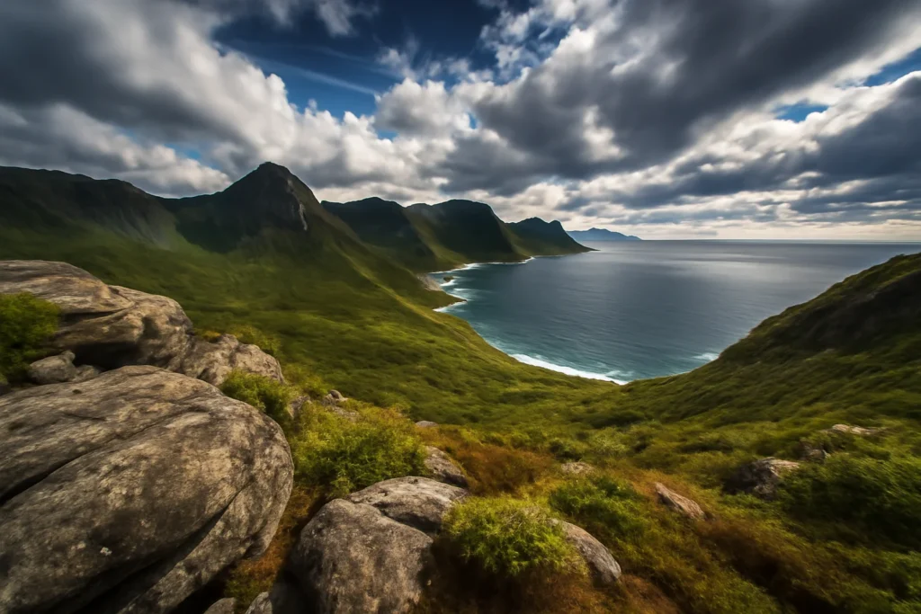 Paisagem de montanhas e litoral com céu dramático, capturada com benefícios lente grande angular Canon