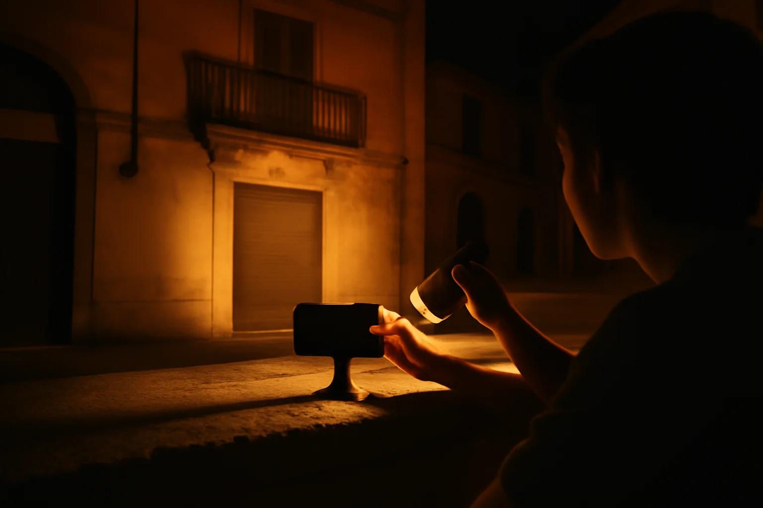 Pessoa apoiando celular em superfície firme ao lado de lanterna, capturando fachada urbana iluminada à noite, destacando luz, sombra e estabilidade da câmera
