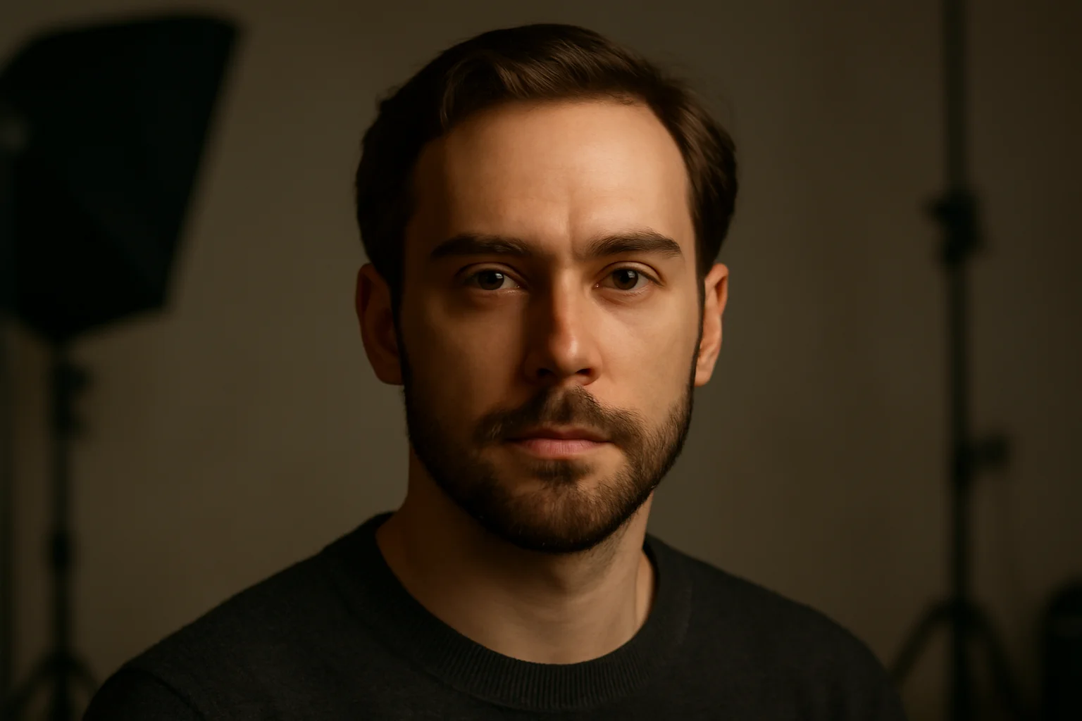 Renderização 3D de iluminação Rembrandt em retrato com luz principal à esquerda, destacando 12 tipos iluminação fotografia.