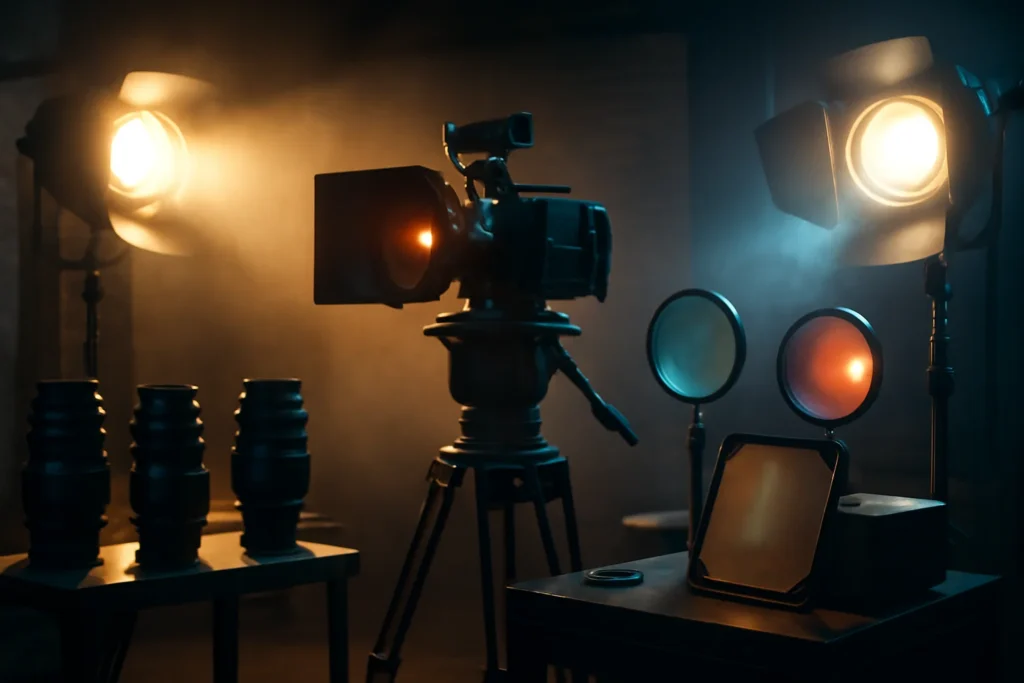Cena de sala de filmagem com lentes, filtros e iluminação, destacando o teste definitivo que todo cineasta sério precisa fazer