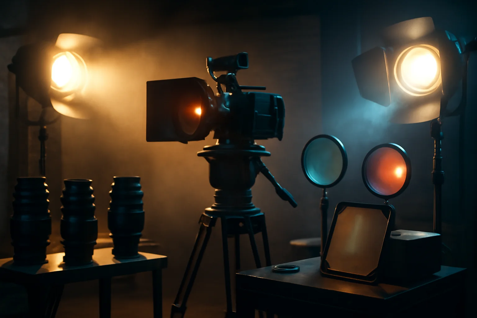 Cena de sala de filmagem com lentes, filtros e iluminação, destacando o teste definitivo que todo cineasta sério precisa fazer