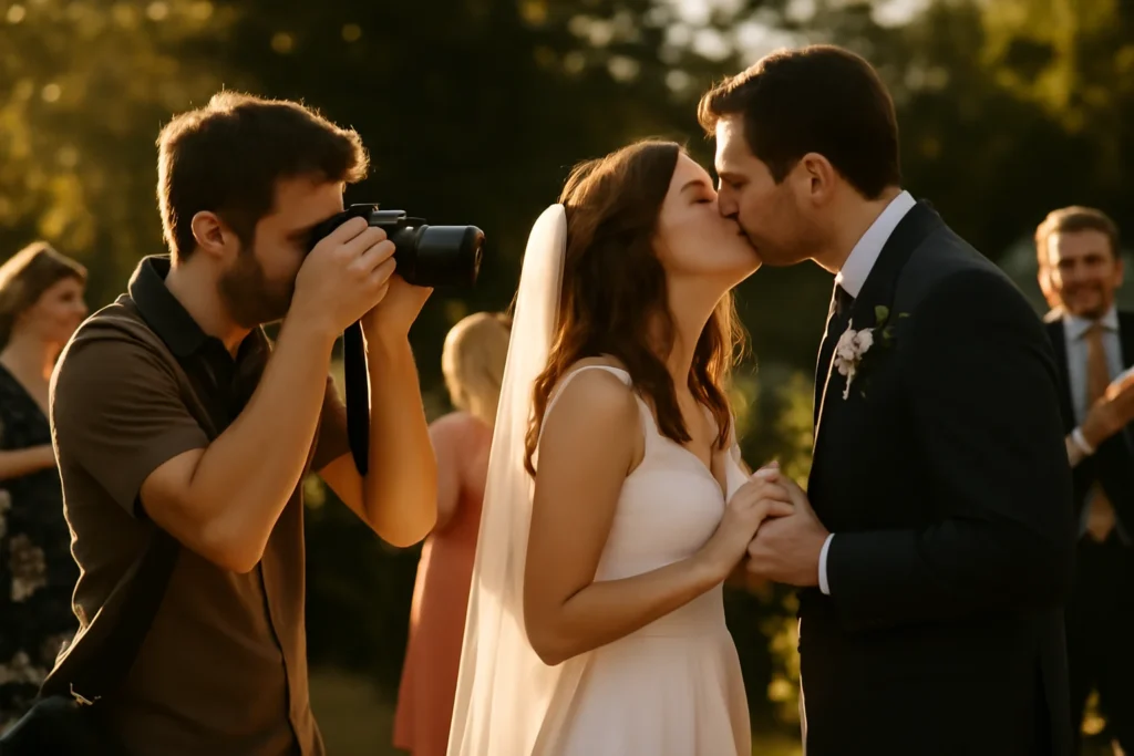Fotógrafo capturando um momento emocional em casamento com luz dourada e convidados em movimento