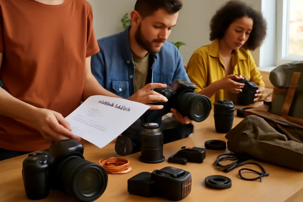 Imagem de capa com checklist preparação casamento que, fotógrafos revisando listas e ajustando câmeras