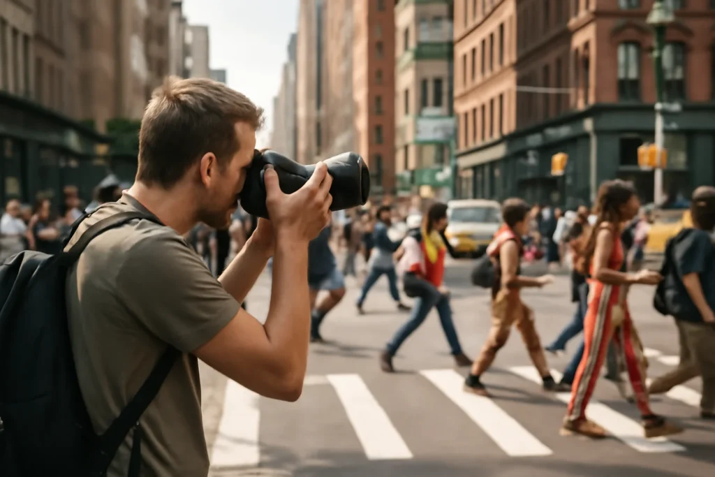 Fotógrafo usando lentes 35mm, 50mm ou 85mm em rua movimentada, capturando cena urbana vibrante e narrativa visual.