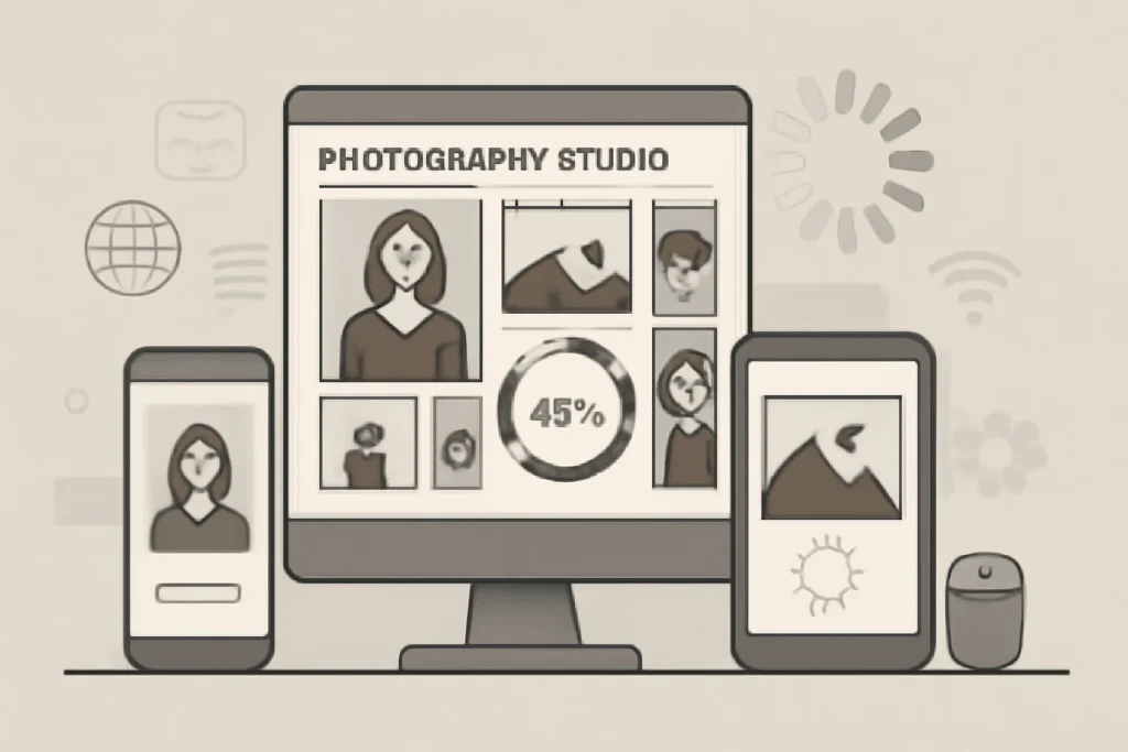 Cena de uma página de site de estúdio de fotografia exibindo imagens carregando lentamente, com computadores e dispositivos móveis ao fundo