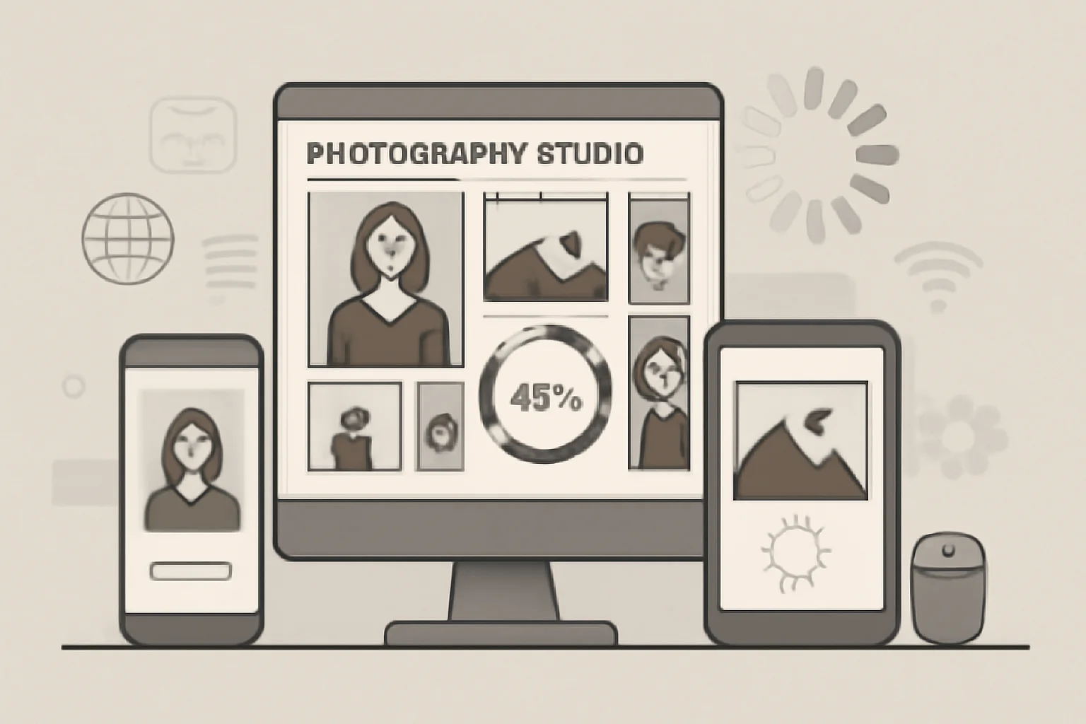 Cena de uma página de site de estúdio de fotografia exibindo imagens carregando lentamente, com computadores e dispositivos móveis ao fundo