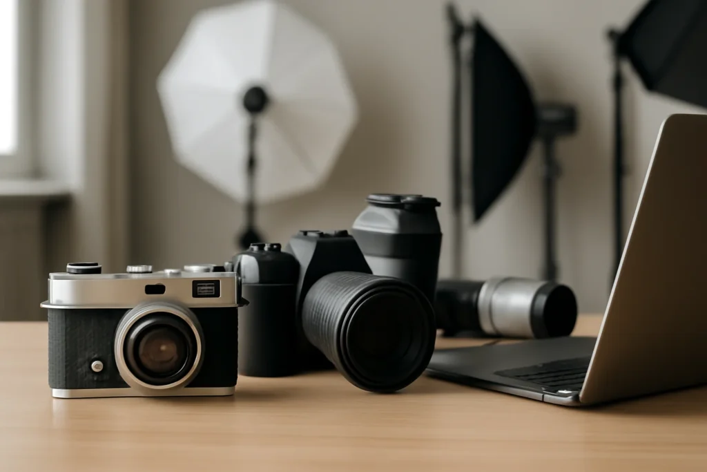 Cena com câmera antiga e equipamentos modernos, destacando a busca por mais recursos na fotografia