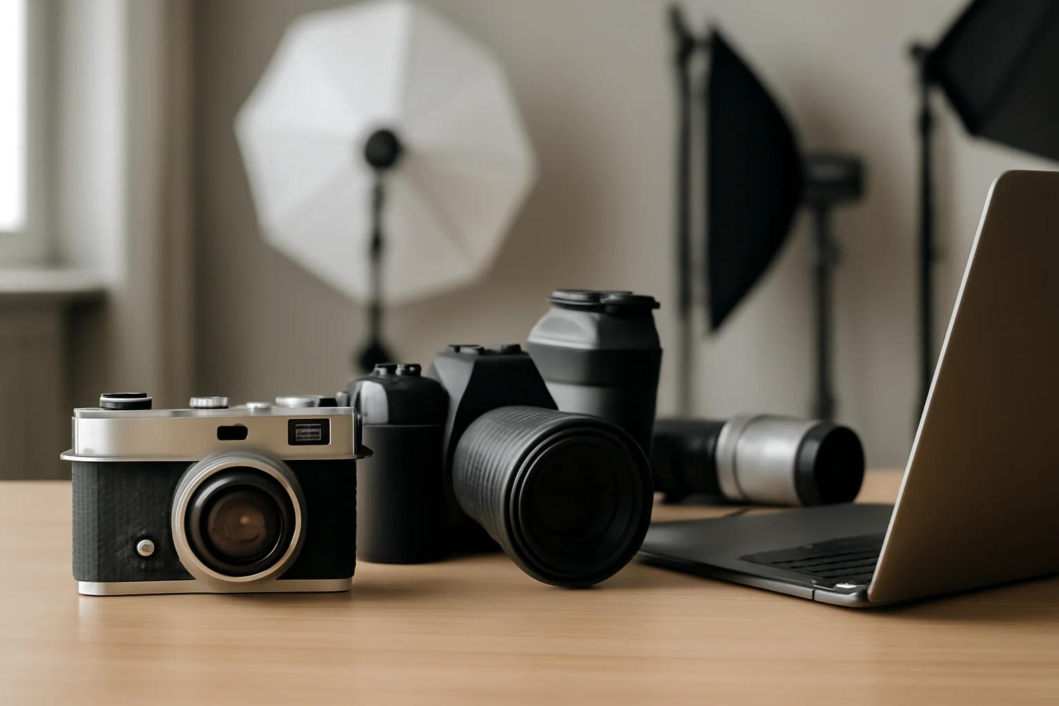 Cena com câmera antiga e equipamentos modernos, destacando a busca por mais recursos na fotografia