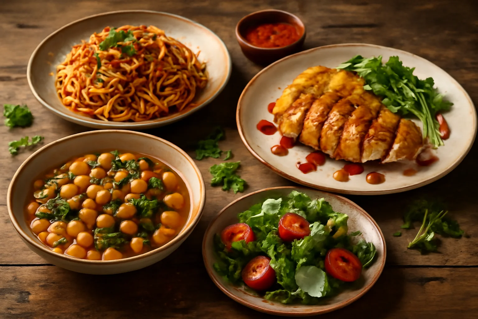 Ilustração de pratos dispostos na mesa com técnicas de food styling, cores quentes e composição apetitosa