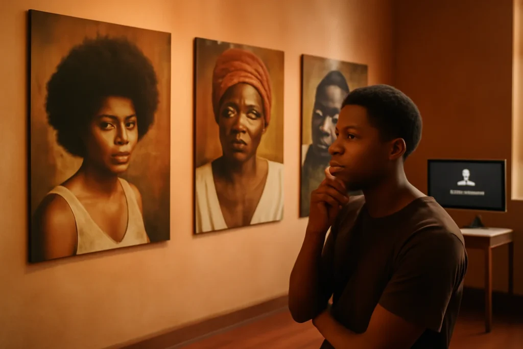 Sala de exposição com fotografias afro-brasileiras, pessoa observando obras, tela de aviso por senha, tons terrosos e quentes, zumví arquivo afro fotográfico