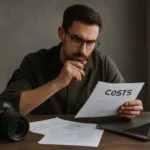 Cena de um fotógrafo analisando custos e precificação com papéis, laptop e equipamentos em ambiente com iluminação natural