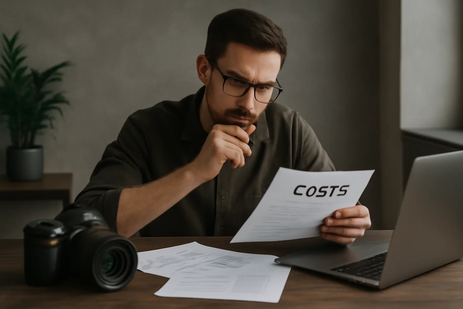 Cena de um fotógrafo analisando custos e precificação com papéis, laptop e equipamentos em ambiente com iluminação natural