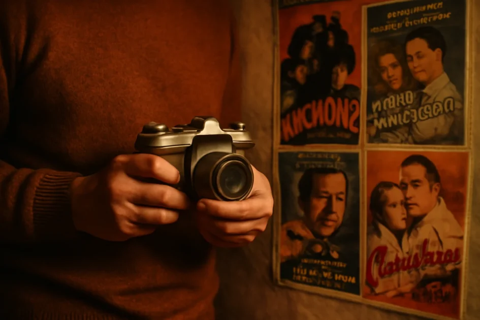 Fotografia analógica iniciantes como: fotógrafo vintage segurando câmera 35mm com parede de cartazes antigos