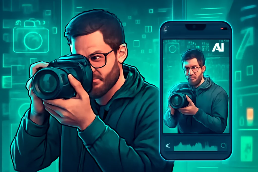 Imagem com rascunho automático de fotógrafo com câmera DSLR e smartphone em ambiente urbano tecnológico