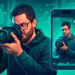 Imagem com rascunho automático de fotógrafo com câmera DSLR e smartphone em ambiente urbano tecnológico