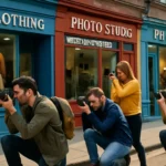 Rascunho automático de uma rua movimentada com fotógrafos freelancers e lojas, destacando o mercado de fotografia em 2026