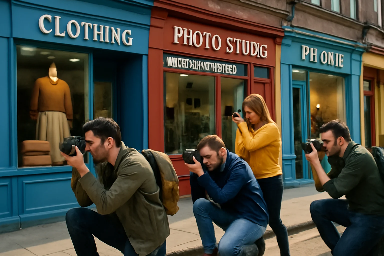 Rascunho automático de uma rua movimentada com fotógrafos freelancers e lojas, destacando o mercado de fotografia em 2026