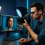Início 10 Cena de um fotógrafo trabalhando com tecnologia avançada em um estúdio, focado na fotografia e nos detalhes da imagem
