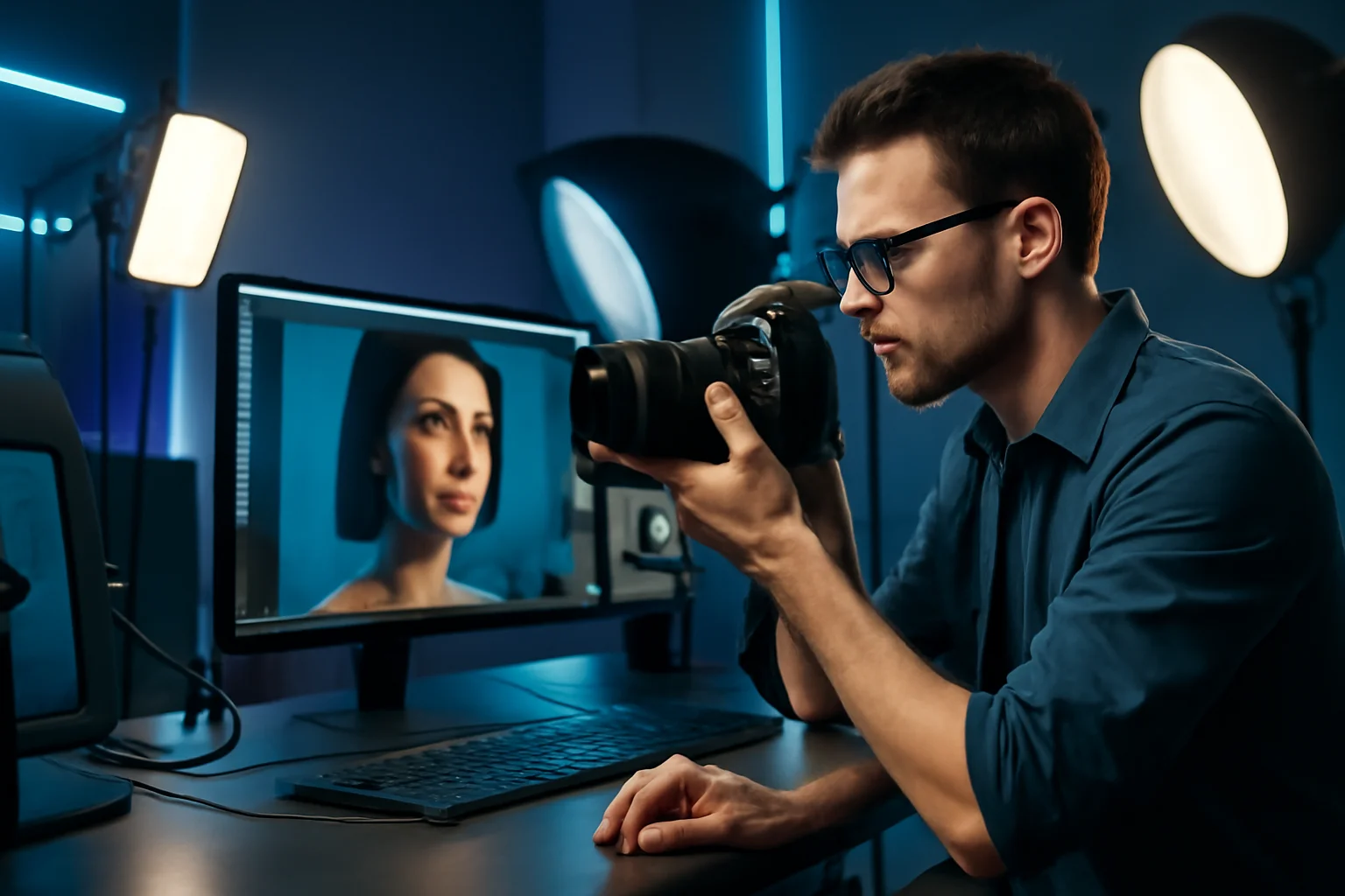 Cena de um fotógrafo trabalhando com tecnologia avançada em um estúdio, focado na fotografia e nos detalhes da imagem